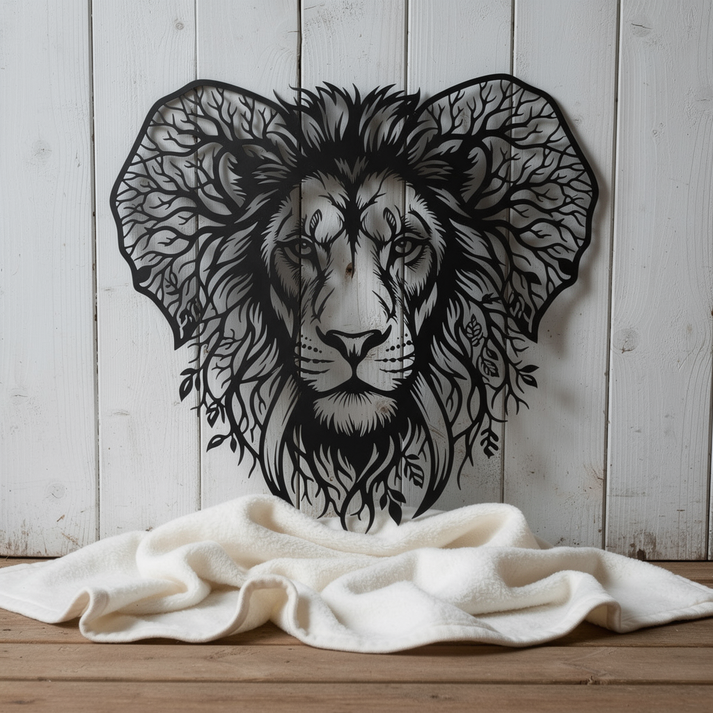 Lion head metal wall art embedded in a tree of life in black steel – image 2