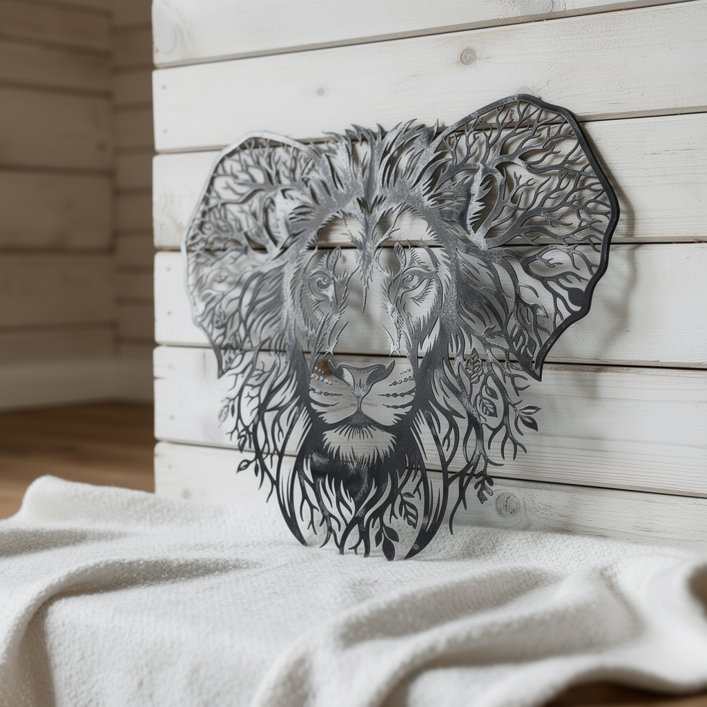 Lion head metal wall art embedded in a tree of life in black steel – image 5