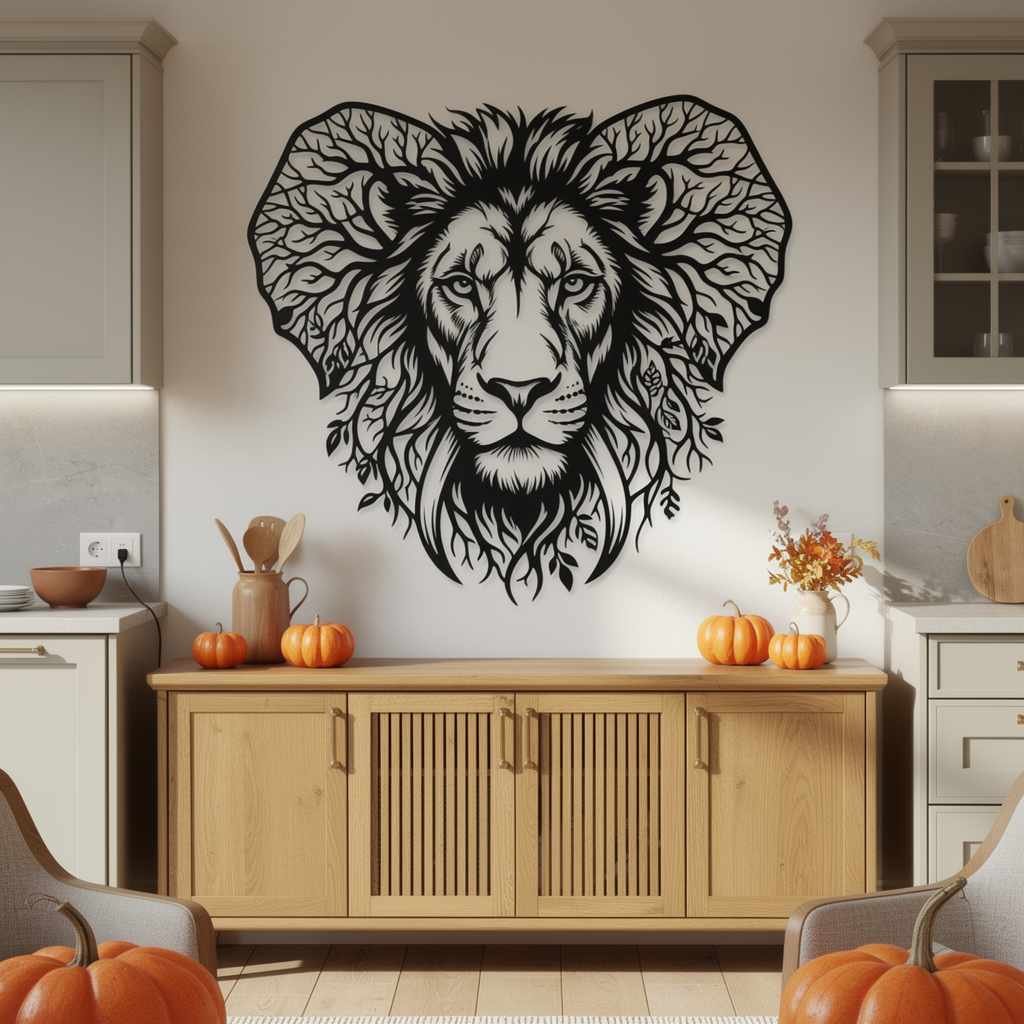 Lion head metal wall art embedded in a tree of life in black steel – image 6