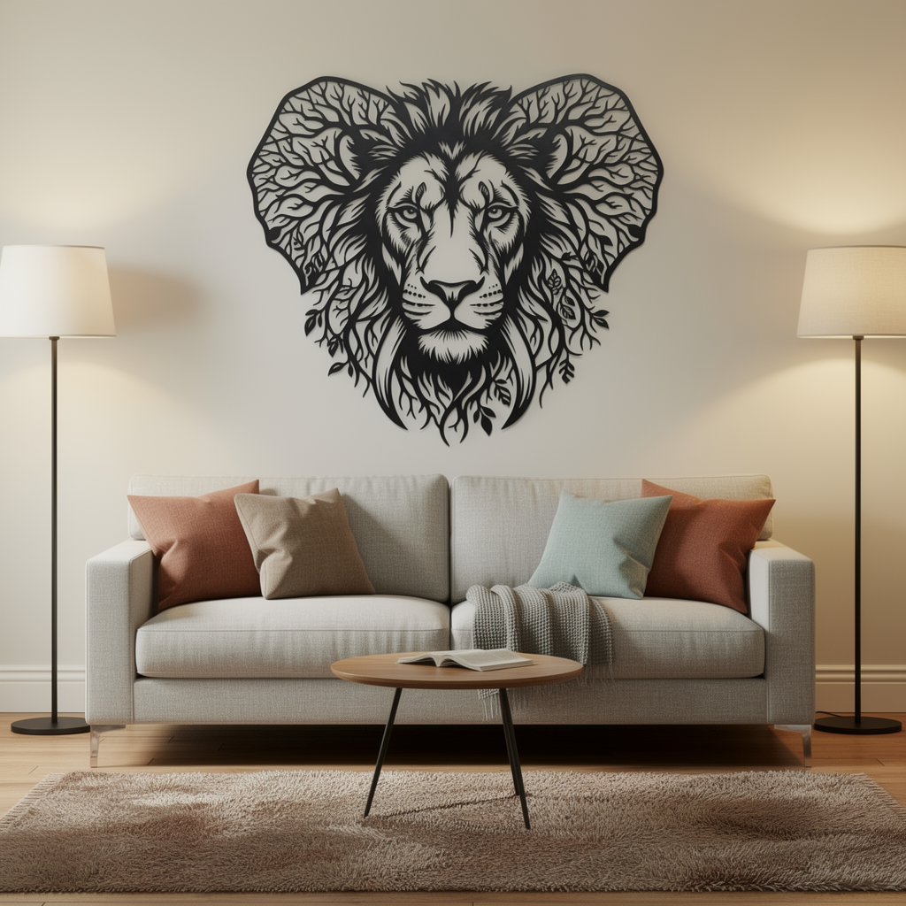 Lion head metal wall art embedded in a tree of life in black steel – image 7