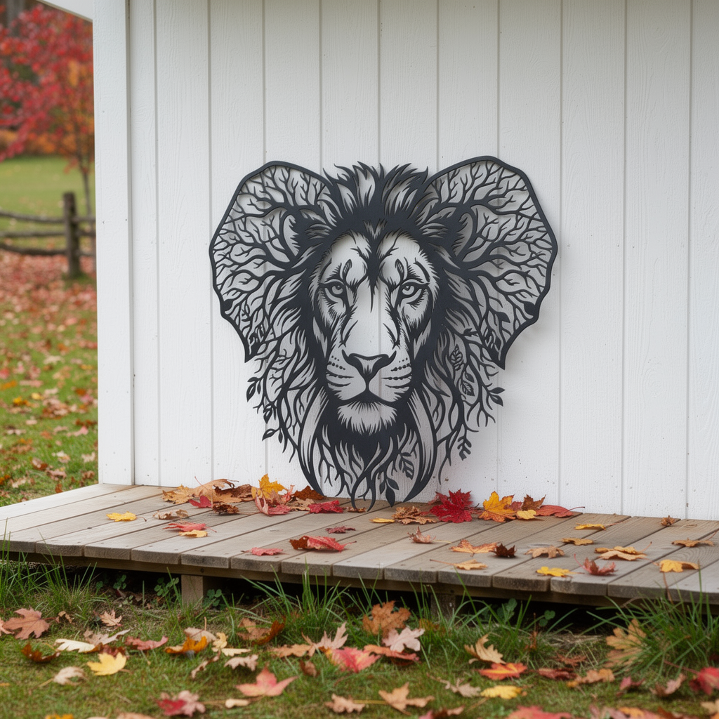 Lion head metal wall art embedded in a tree of life in black steel – image 8
