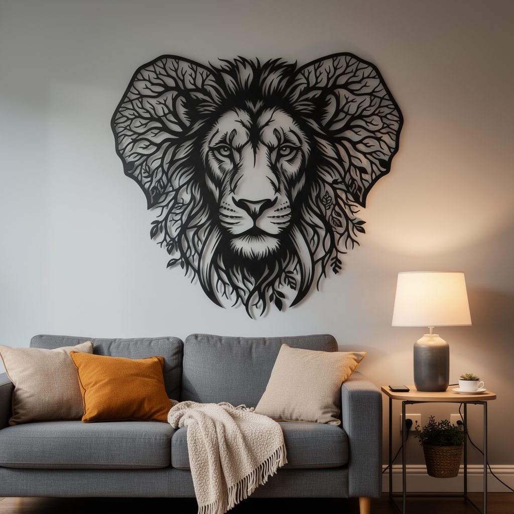Lion head metal wall art embedded in a tree of life in black steel – image 9