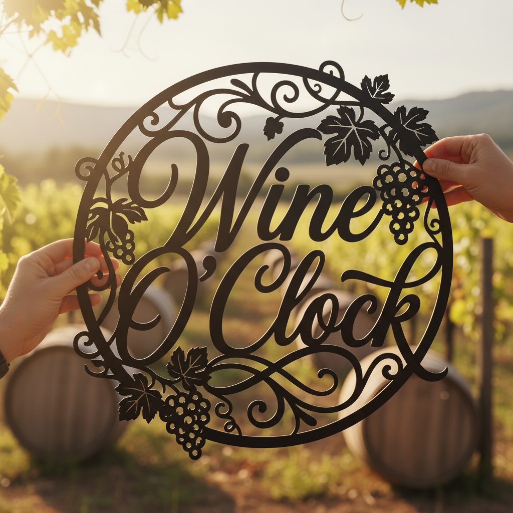 Rundes Wine O’Clock Weinschild mit Uhr aus Weinranken aus schwarzem Stahl – Bild 10