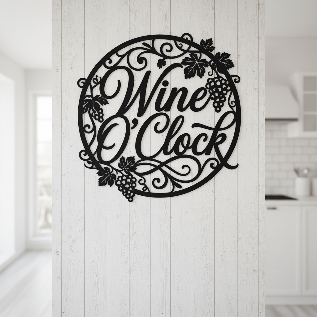Rundes Wine O’Clock Weinschild mit Uhr aus Weinranken aus schwarzem Stahl – Bild 11