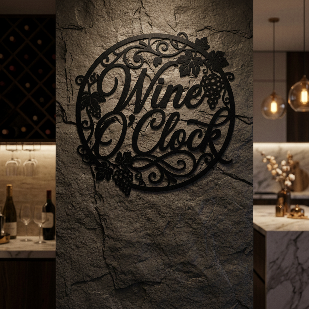 Rundes Wine O’Clock Weinschild mit Uhr aus Weinranken aus schwarzem Stahl – Bild 12