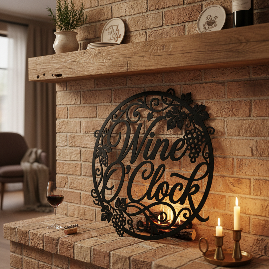Rundes Wine O’Clock Weinschild mit Uhr aus Weinranken aus schwarzem Stahl – Bild 13
