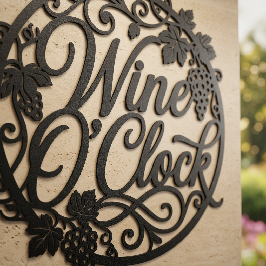 Rundes Wine O’Clock Weinschild mit Uhr aus Weinranken aus schwarzem Stahl – Bild 14