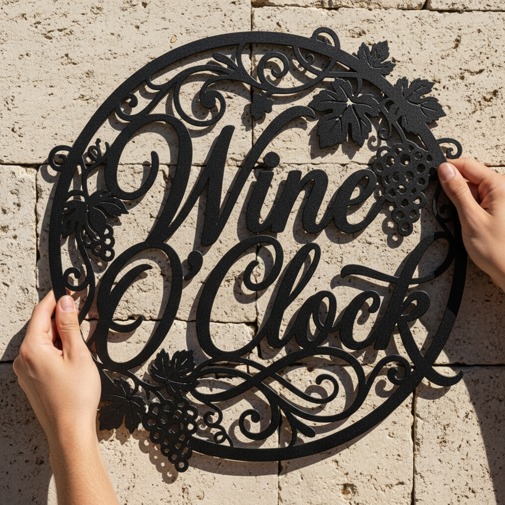 Rundes Wine O’Clock Weinschild mit Uhr aus Weinranken aus schwarzem Stahl – Bild 16