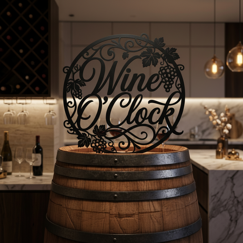 Rundes Wine O’Clock Weinschild mit Uhr aus Weinranken aus schwarzem Stahl – Bild 17