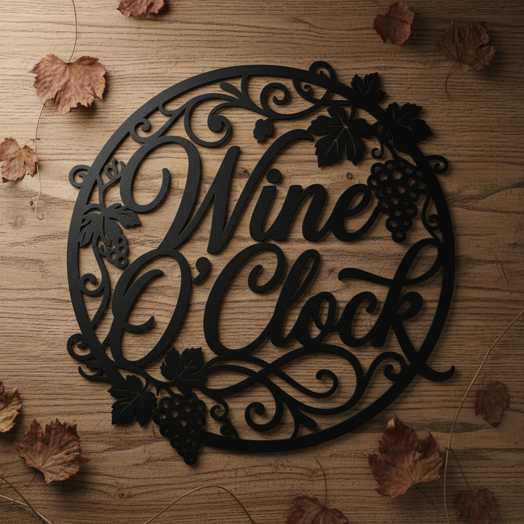 Rundes Wine O’Clock Weinschild mit Uhr aus Weinranken aus schwarzem Stahl – Bild 3