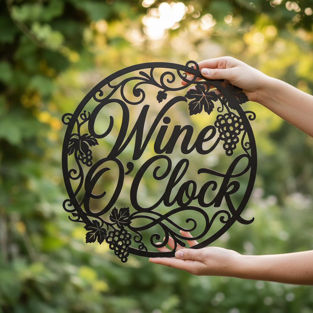 Rundes Wine O’Clock Weinschild mit Uhr aus Weinranken aus schwarzem Stahl – Bild 4
