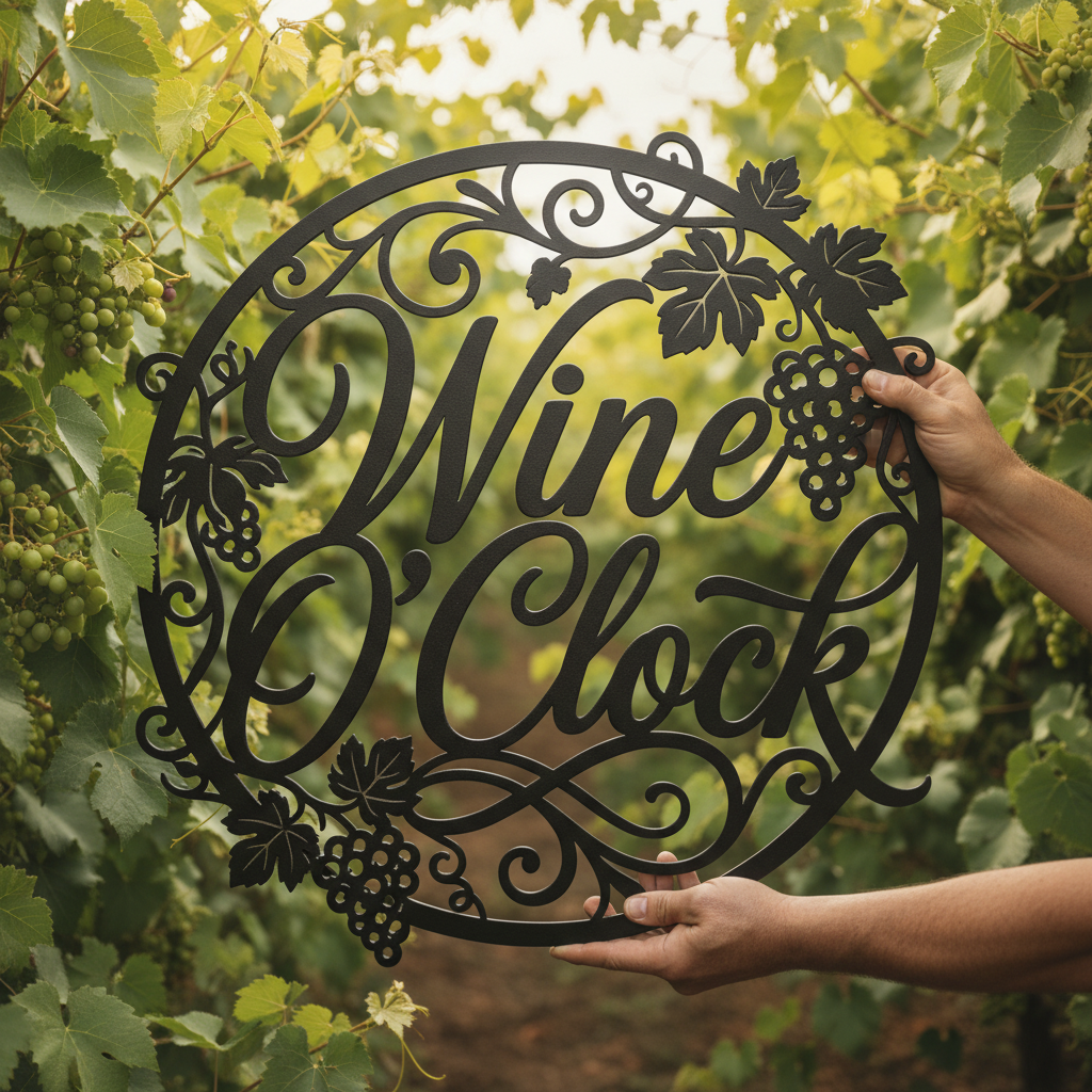 Rundes Wine O’Clock Weinschild mit Uhr aus Weinranken aus schwarzem Stahl – Bild 6
