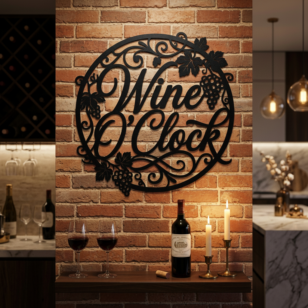 Rundes Wine O’Clock Weinschild mit Uhr aus Weinranken aus schwarzem Stahl – Bild 8