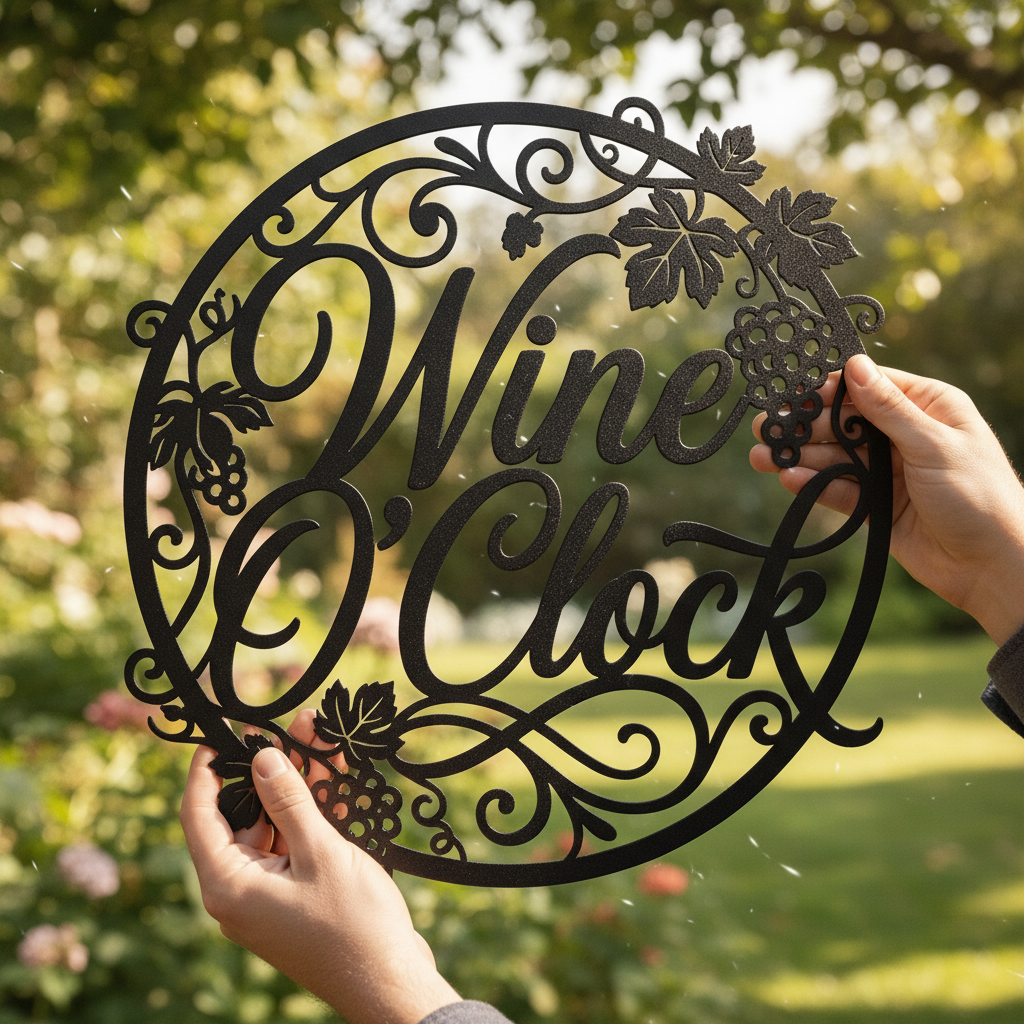 Rundes Wine O’Clock Weinschild mit Uhr aus Weinranken aus schwarzem Stahl – Bild 9